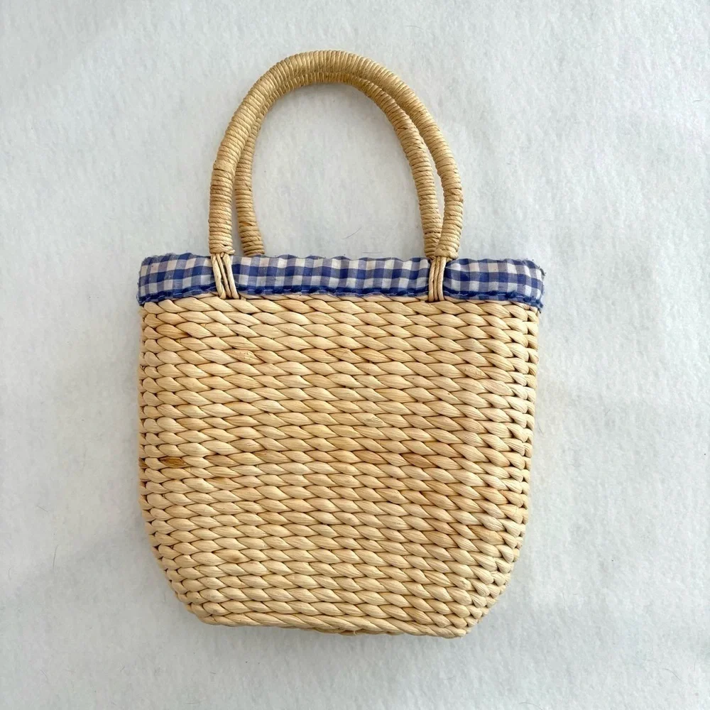 Vintage Patch Knit Pink + Purple Heart Gingham Straw Mini Bag Purse Tote - Picture 2 of 5